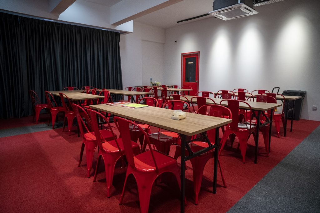 New Skywalker Room set up with classroom tables for a workshop