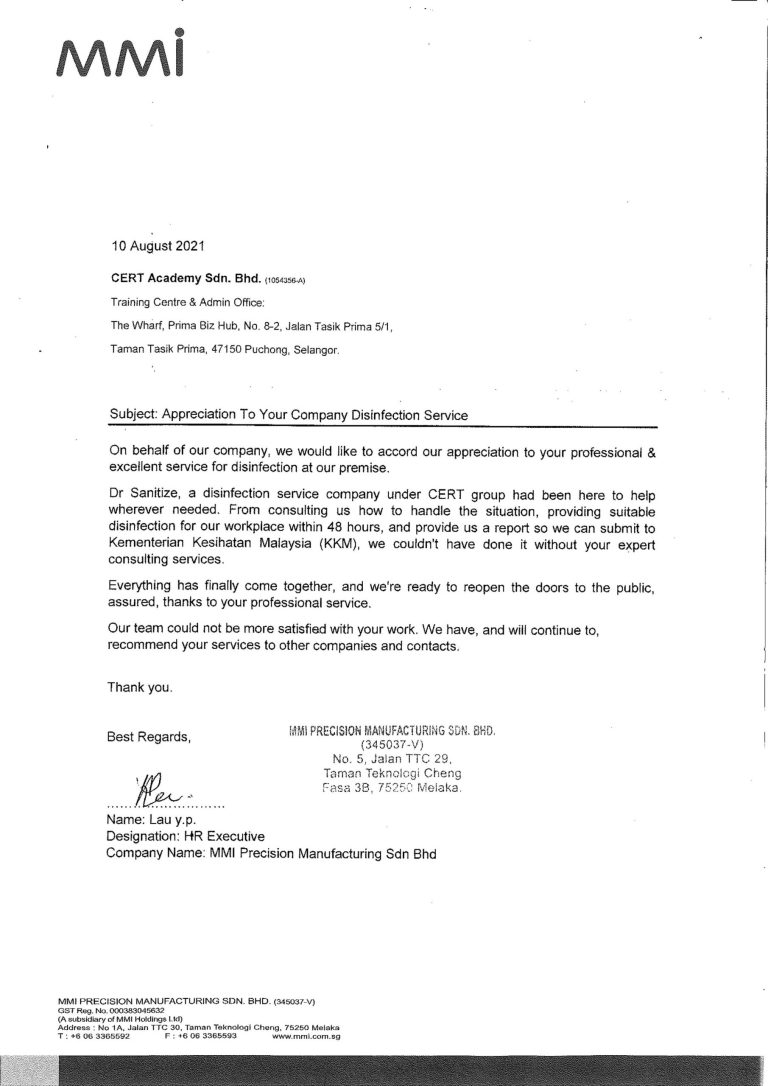 Letter of appreciation from MMI for CERT disinfection service