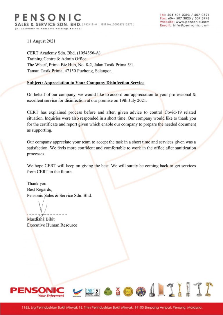 Letter of appreciation from Pensonic for CERT disinfection service